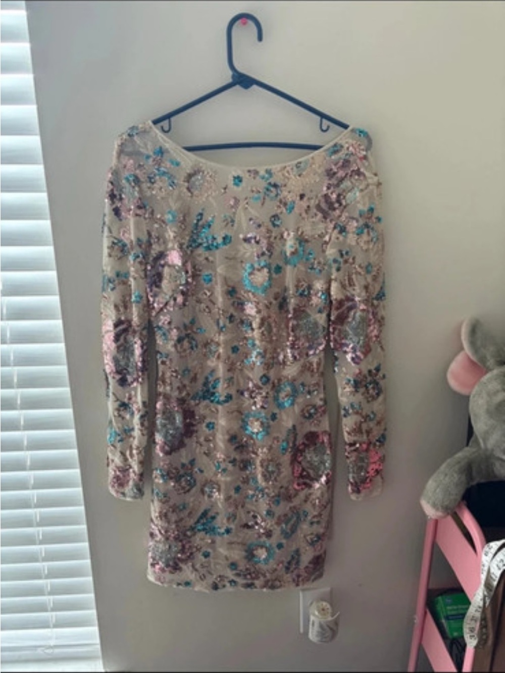 Beige Sequin Floral Long-Sleeve Party Dress